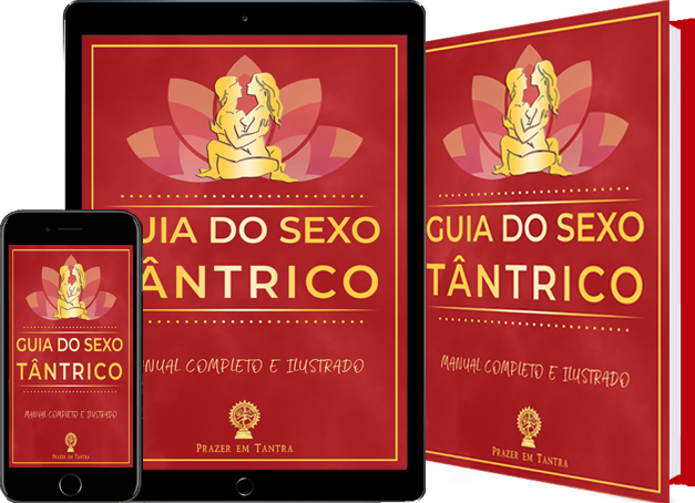 Capa do ebook Guia do Sexo Tântrico exibido em celular, tablet e livro